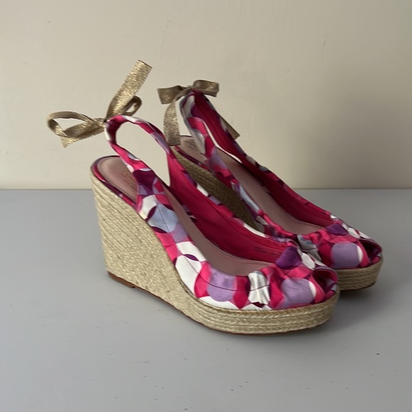 COACH Maritza Espadrille Platform Wedge Peep Toe Pink Canvas Heeled Sandals - Picture 2 of 12
